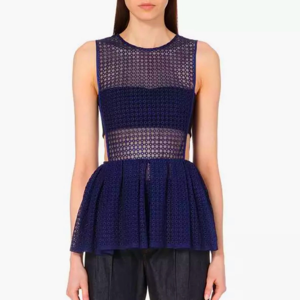 Nwt Self-Portrait Navy/Black Guipure Lace Sculpted Peplum Top Size Uk 12/ Us 8